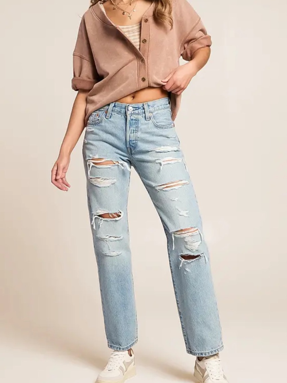 Light Wash Distressed High-Rise Straight Jeans - Women